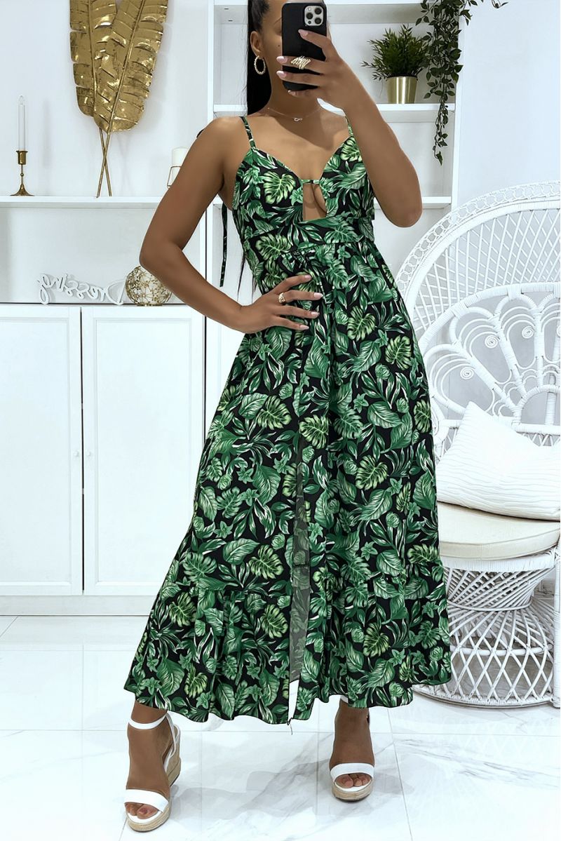 Long black dress with thin straps in colorful foliage print and super trendy V-neck - 2