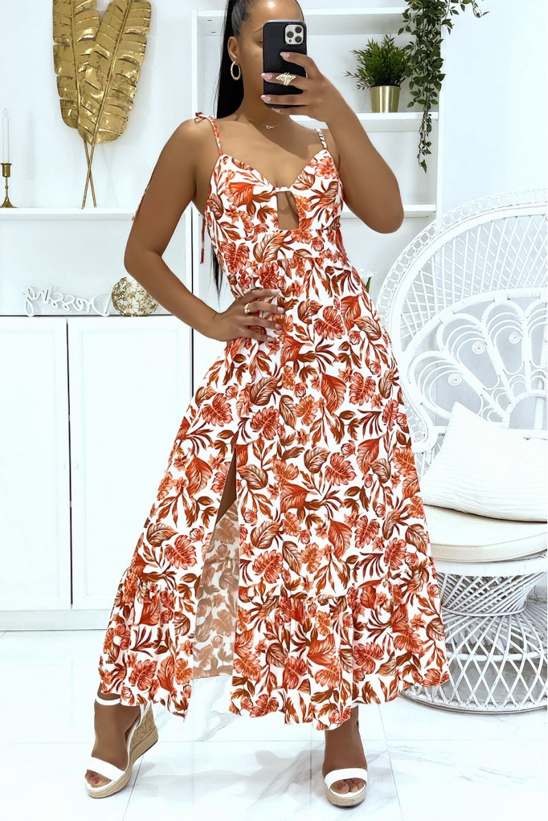 Lange oranje jurk met dunne bandjes in kleurrijke bladerprint en super trendy V-hals - 1