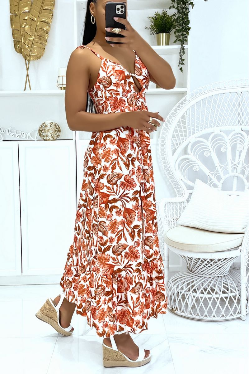 Long orange dress with thin straps in colorful foliage print and super trendy V-neck - 2