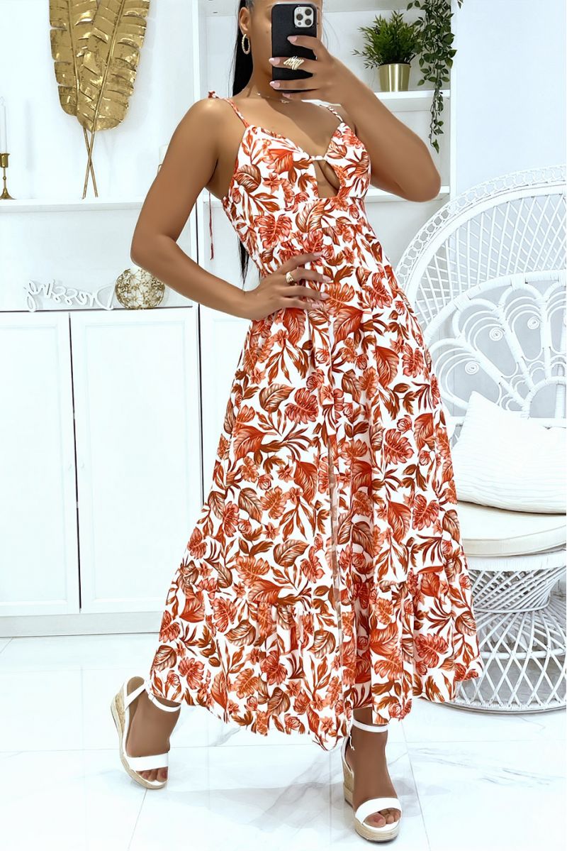 Lange oranje jurk met dunne bandjes in kleurrijke bladerprint en super trendy V-hals - 3