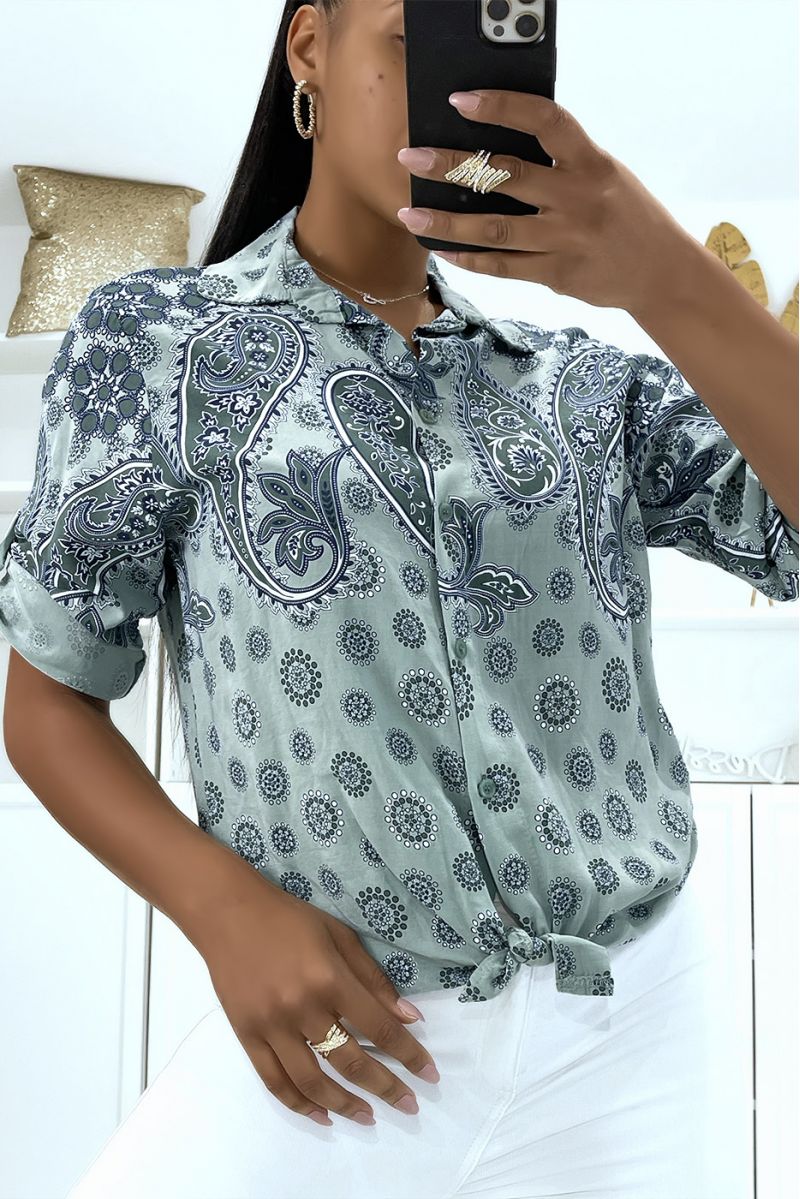 Chemise indigo fluide d'été à motif originaux hyper tendance à joli noeud   - 1
