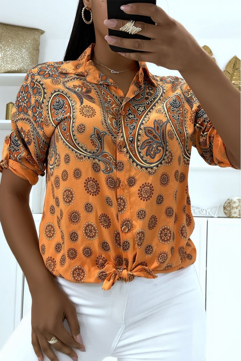 Fluid orange summer shirt with trendy original pattern with pretty bow - 1