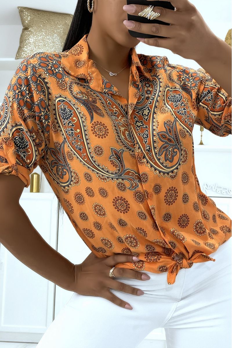 Fluid orange summer shirt with trendy original pattern with pretty bow - 2