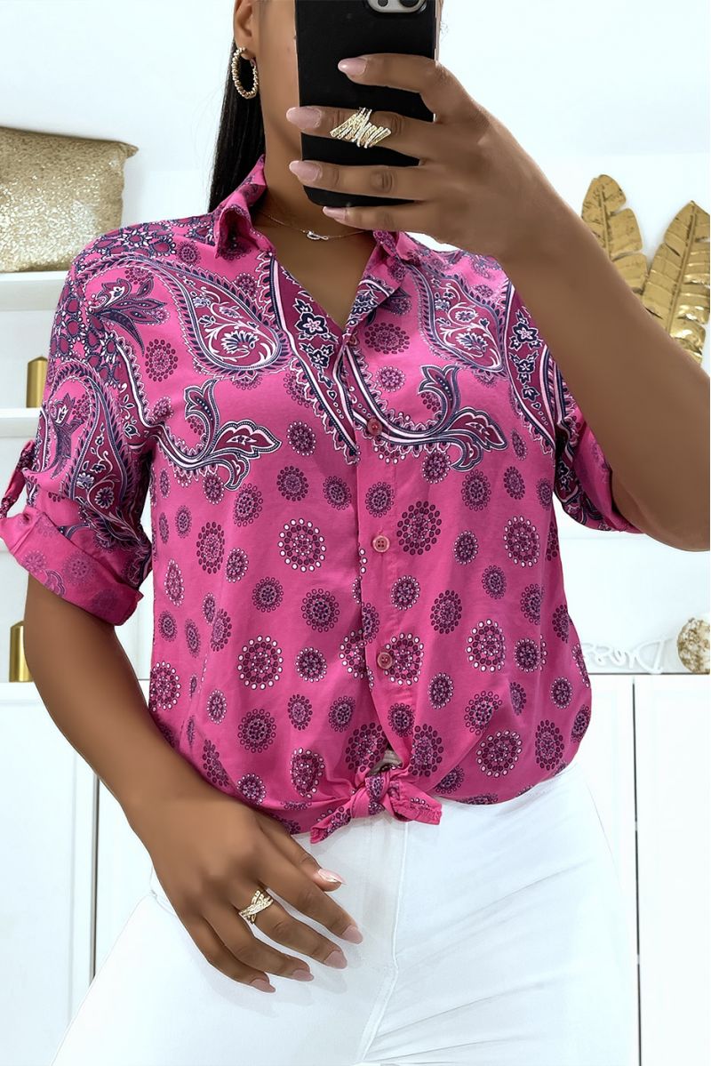 Fluid fuchsia summer shirt with super trendy original pattern with pretty bow - 1