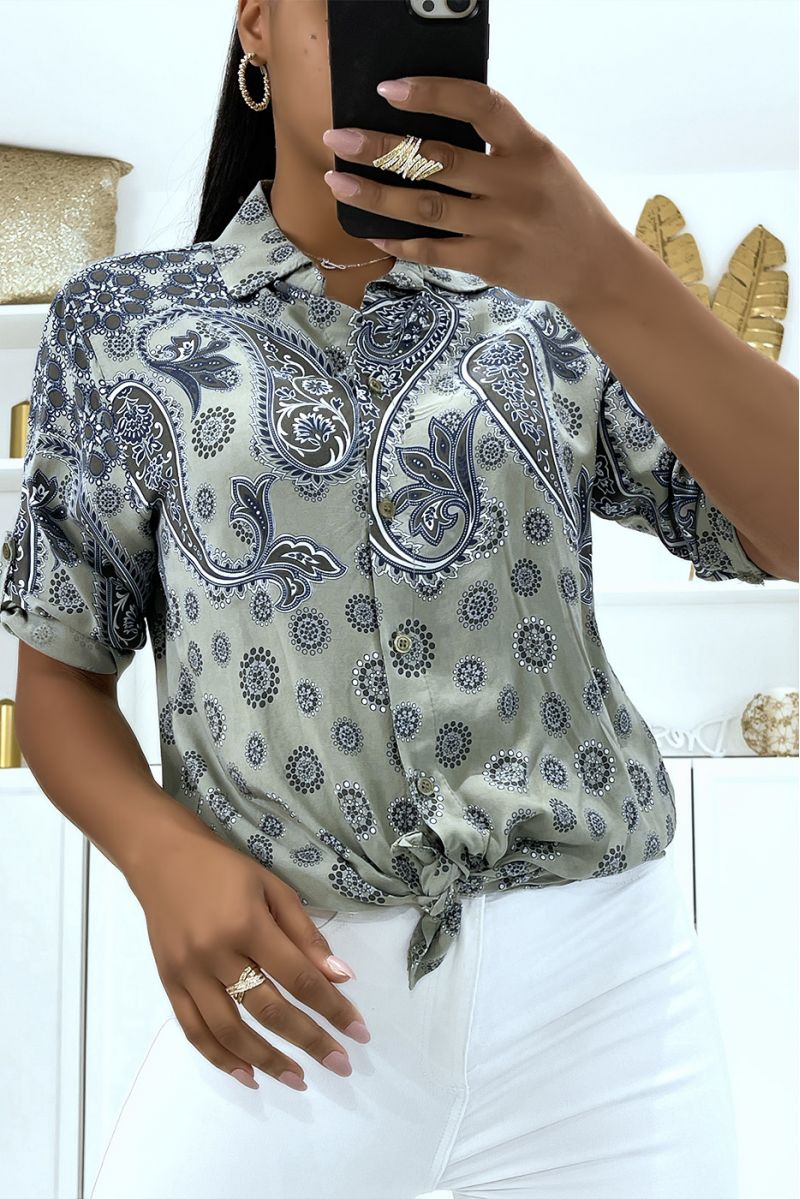 Fluid summer khaki shirt with super trendy original pattern with pretty bow - 1