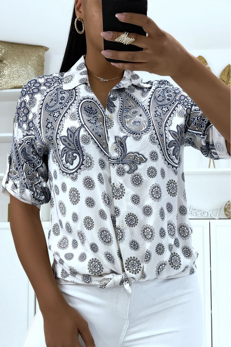 Chemise taupe fluide d'été à motif originaux hyper tendance à joli noeud   - 1