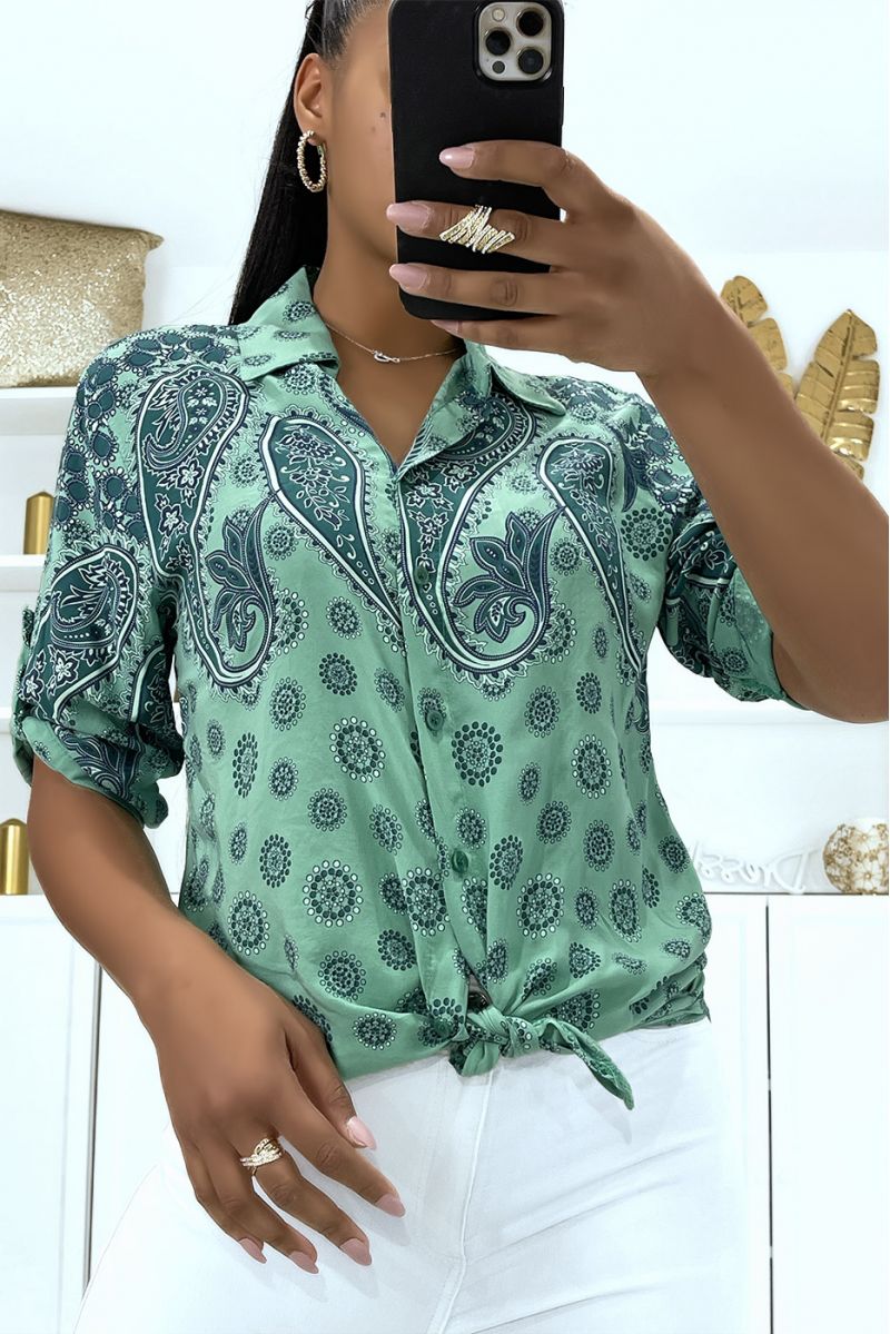 Vloeiend groen zomershirt met super trendy origineel patroon met mooie strik - 1
