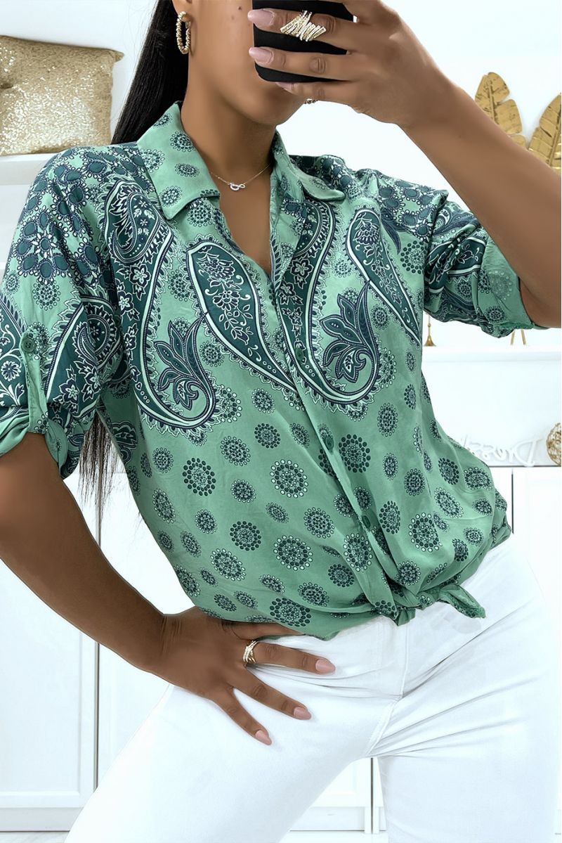 Vloeiend groen zomershirt met super trendy origineel patroon met mooie strik - 2