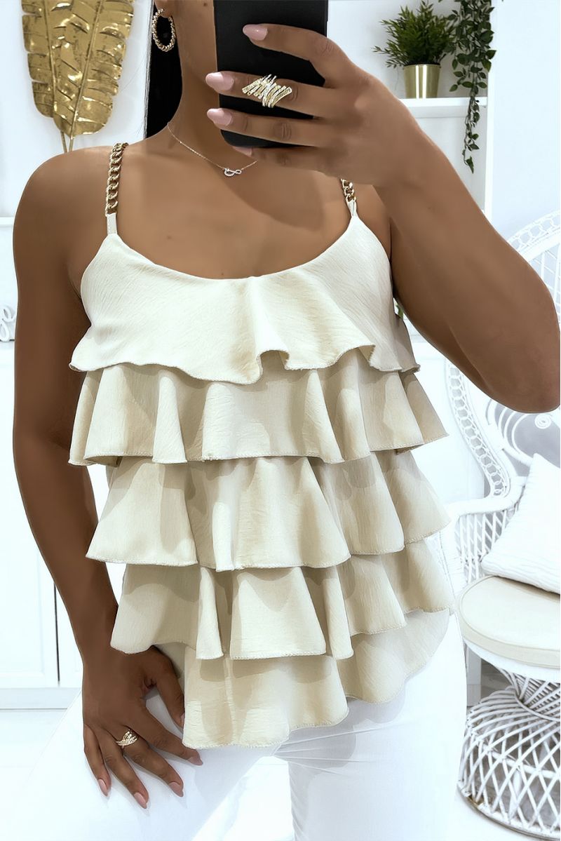 Beige tank top with straps in golden chains and ruffles ideal for summer - 1