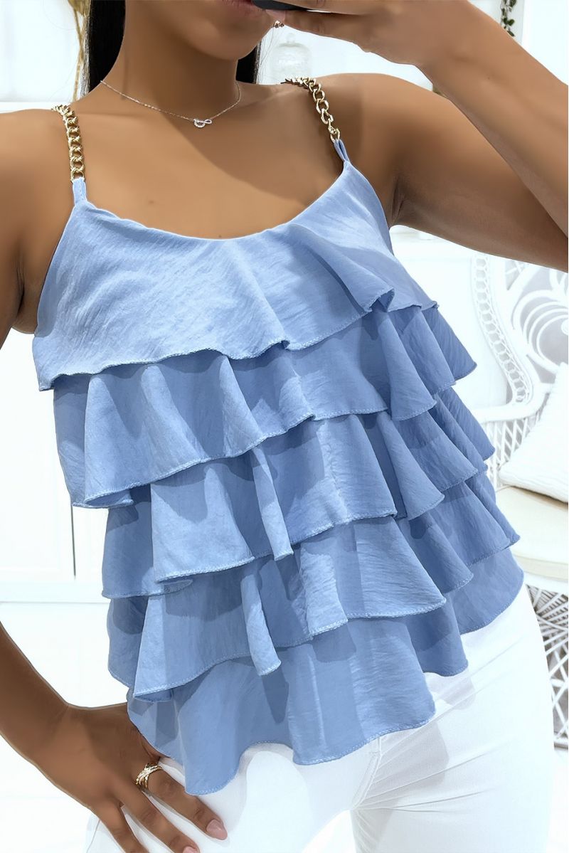 Blue tank top with straps in gold chains and ruffles ideal for summer - 2 Blue tank top with straps in gold chains and ruffles ideal for summer - 2