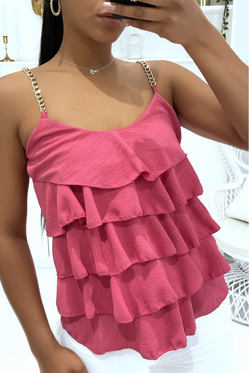 Fuchsia tanktop met gouden kettingbandjes en ruches ideaal voor de zomer - 2 Fuchsia tanktop met gouden kettingbandjes en ruches ideaal voor de zomer - 2