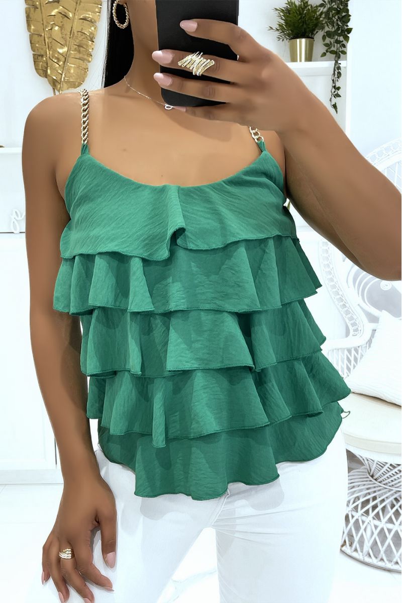 Groene tanktop met bandjes in gouden kettingen en ruches, ideaal voor de zomer - 1 Groene tanktop met bandjes in gouden kettingen en ruches, ideaal voor de zomer - 1