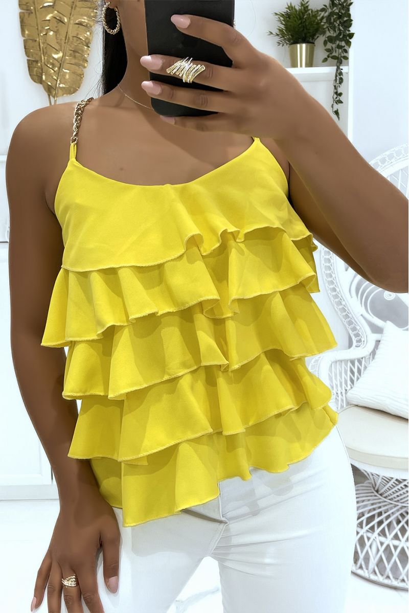 Gele tanktop met bandjes in gouden kettingen en ruches, ideaal voor de zomer - 1 Gele tanktop met bandjes in gouden kettingen en ruches, ideaal voor de zomer - 1
