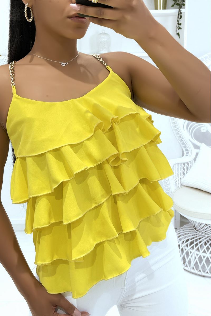 Gele tanktop met bandjes in gouden kettingen en ruches, ideaal voor de zomer - 2 Gele tanktop met bandjes in gouden kettingen en ruches, ideaal voor de zomer - 2