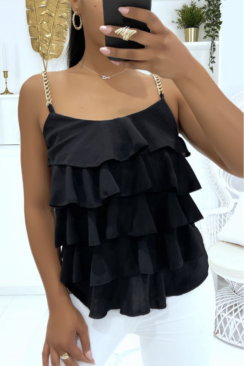 Black tank top with gold chain straps and ruffles ideal for summer - 1 Black tank top with gold chain straps and ruffles ideal for summer - 1