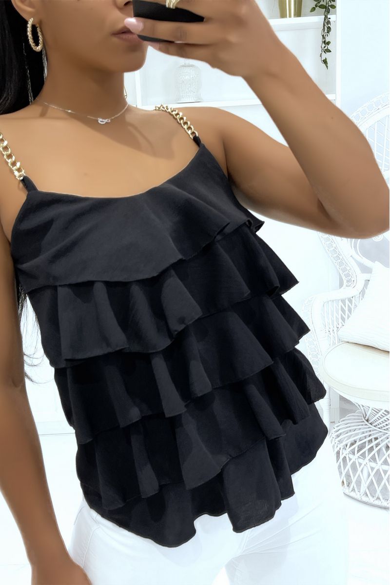 Black tank top with gold chain straps and ruffles ideal for summer - 2 Black tank top with gold chain straps and ruffles ideal for summer - 2