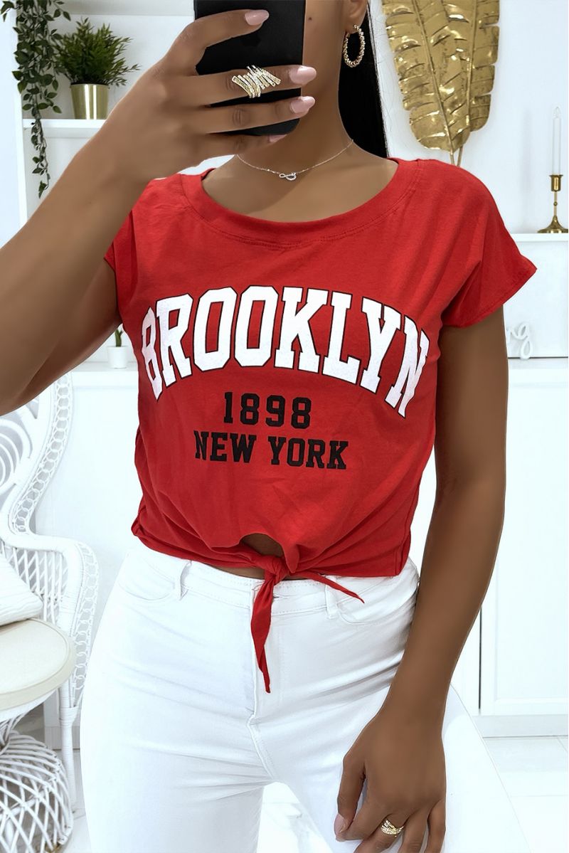 T-shirt manches courtes rouge à joli noeud et écriture Brooklin - 1