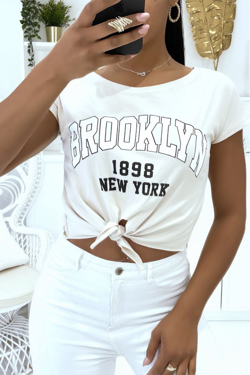 Beige short-sleeved t-shirt with pretty bow and Brooklin writing - 1
