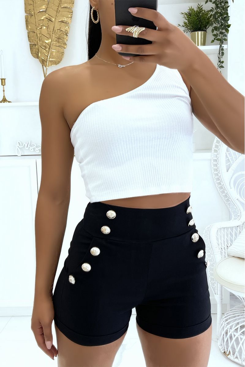 Black high-waisted shorts with push-up effect and thin waist with pretty buttons on the sides - 2