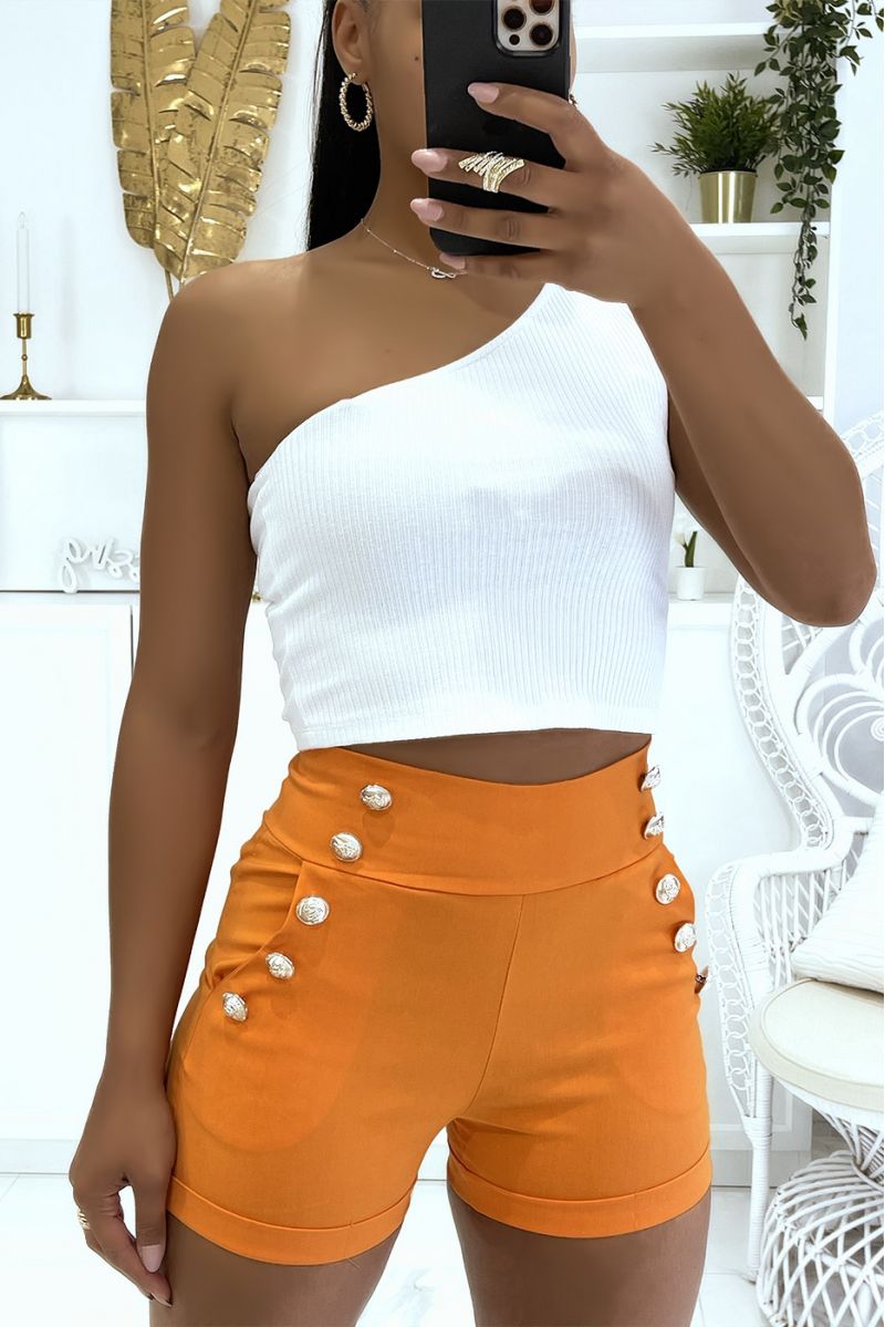 Orange high-waisted shorts with push-up effect and thin waist with pretty buttons on the sides - 1