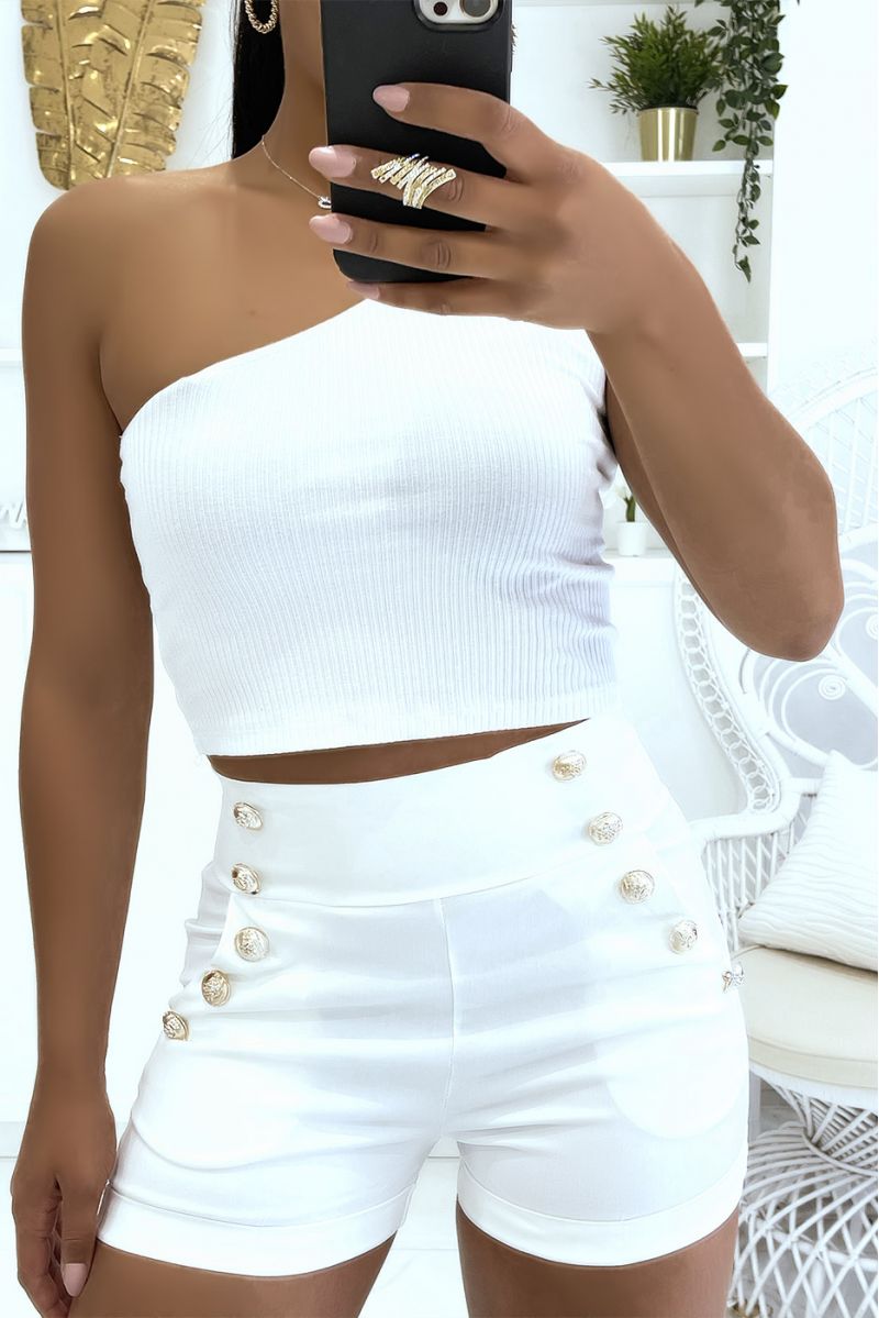 White high-waisted shorts with push-up effect and thin waist with pretty buttons on the sides - 2