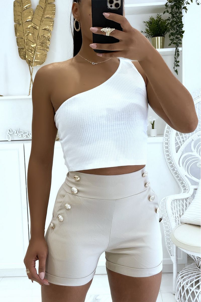 Beige high-waisted shorts with push-up effect and thin waist with pretty buttons on the sides - 1