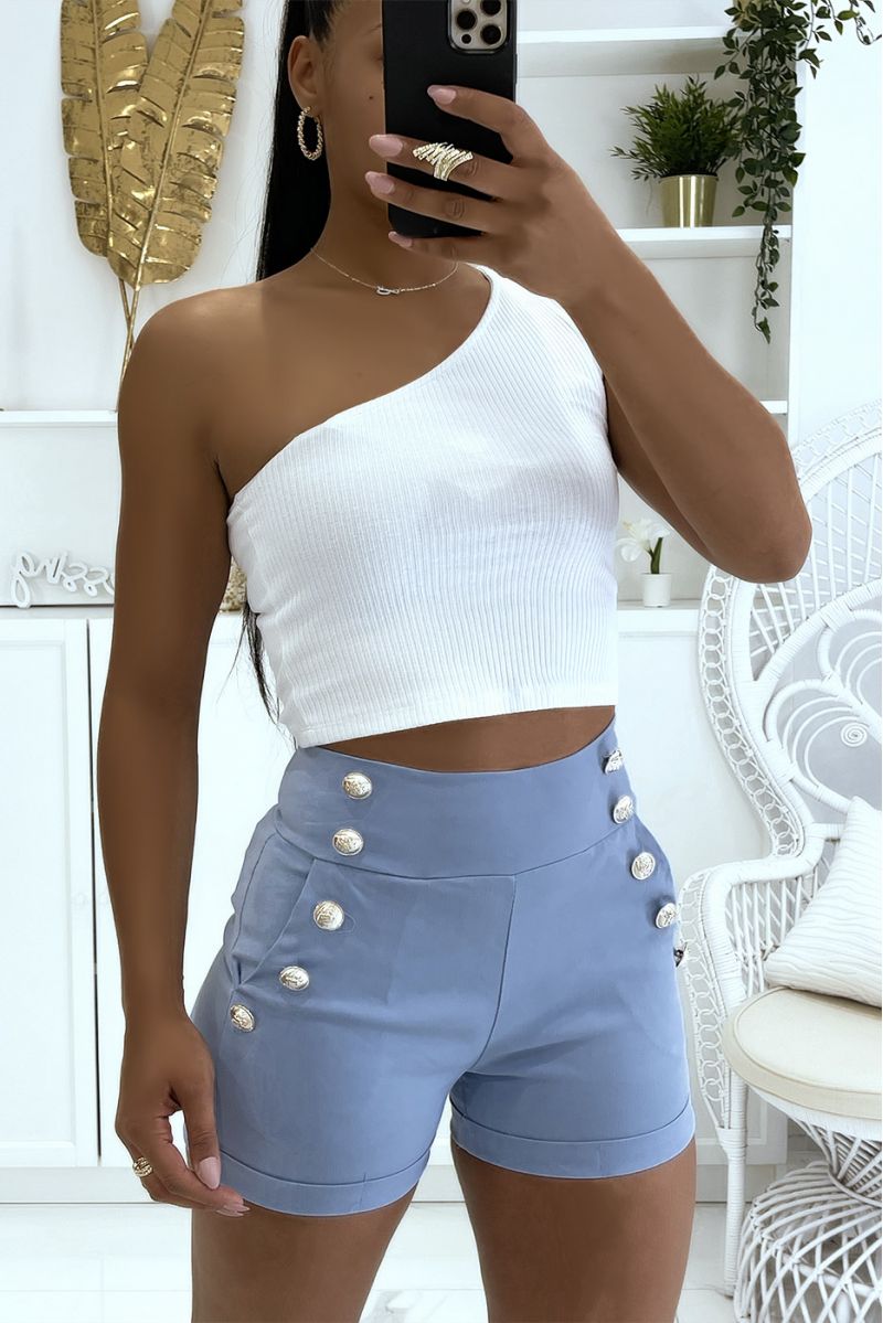 Blue high-waisted shorts with push-up effect and thin waist with pretty buttons on the sides - 1