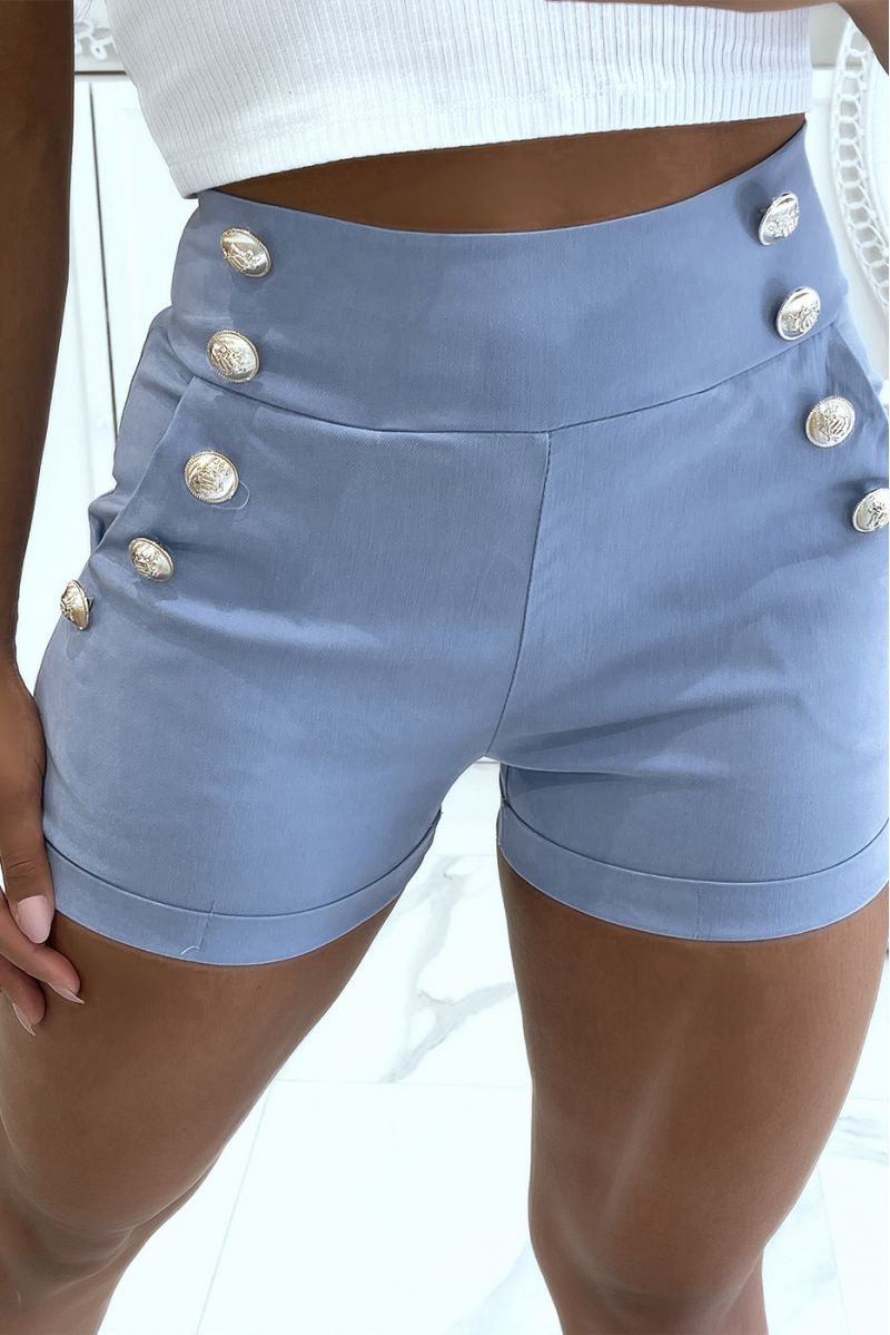 Blue high-waisted shorts with push-up effect and thin waist with pretty buttons on the sides - 2