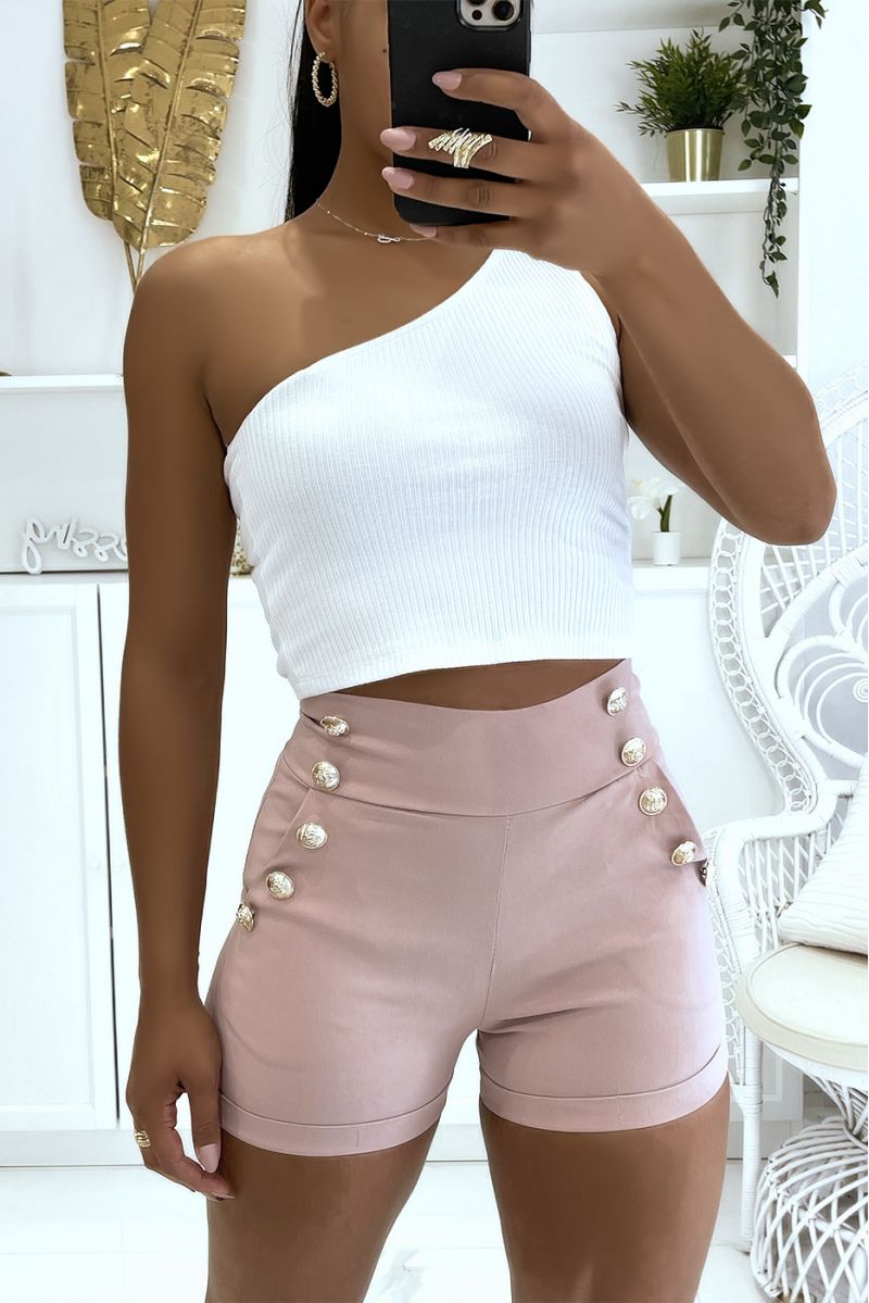 Pink high-waisted shorts with push-up effect and thin waist with pretty buttons on the sides - 1