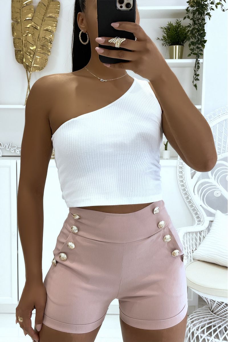 Pink high-waisted shorts with push-up effect and thin waist with pretty buttons on the sides - 2