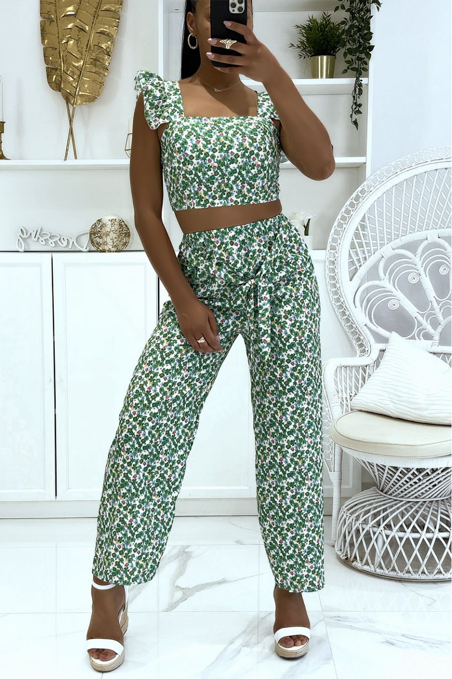 Black floral crop top bustier and pretty bell bottom pants set