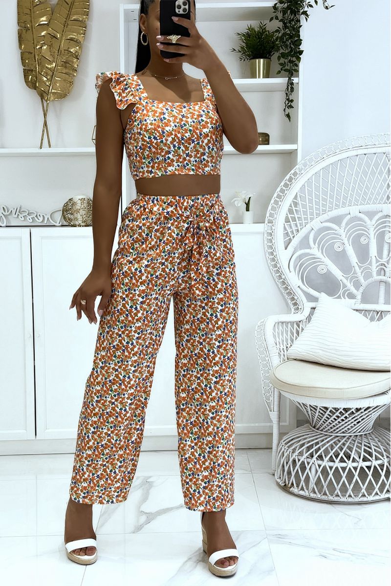 Ensemble orange fleurie crop top bustier et jolie pantalon patte d'éléphant - 2 Ensemble orange fleurie crop top bustier et jolie pantalon patte d'éléphant - 2