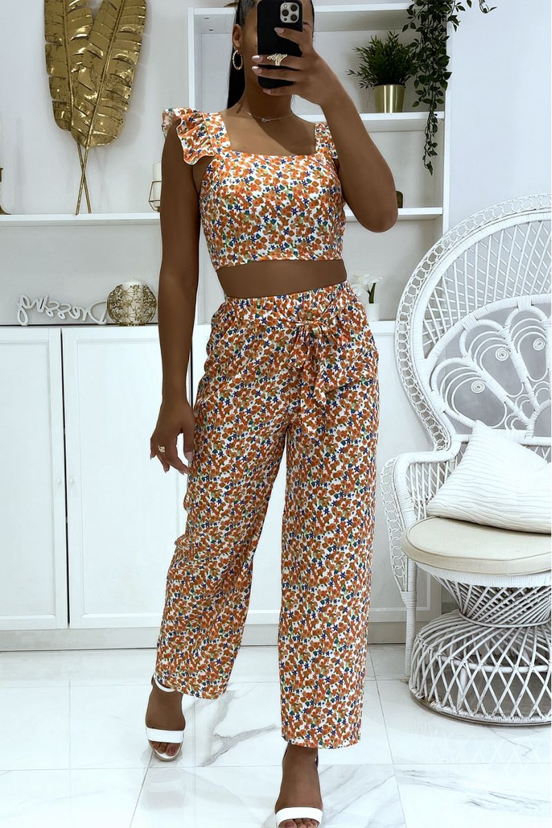 Ensemble orange fleurie crop top bustier et jolie pantalon patte d'éléphant - 3 Ensemble orange fleurie crop top bustier et jolie pantalon patte d'éléphant - 3
