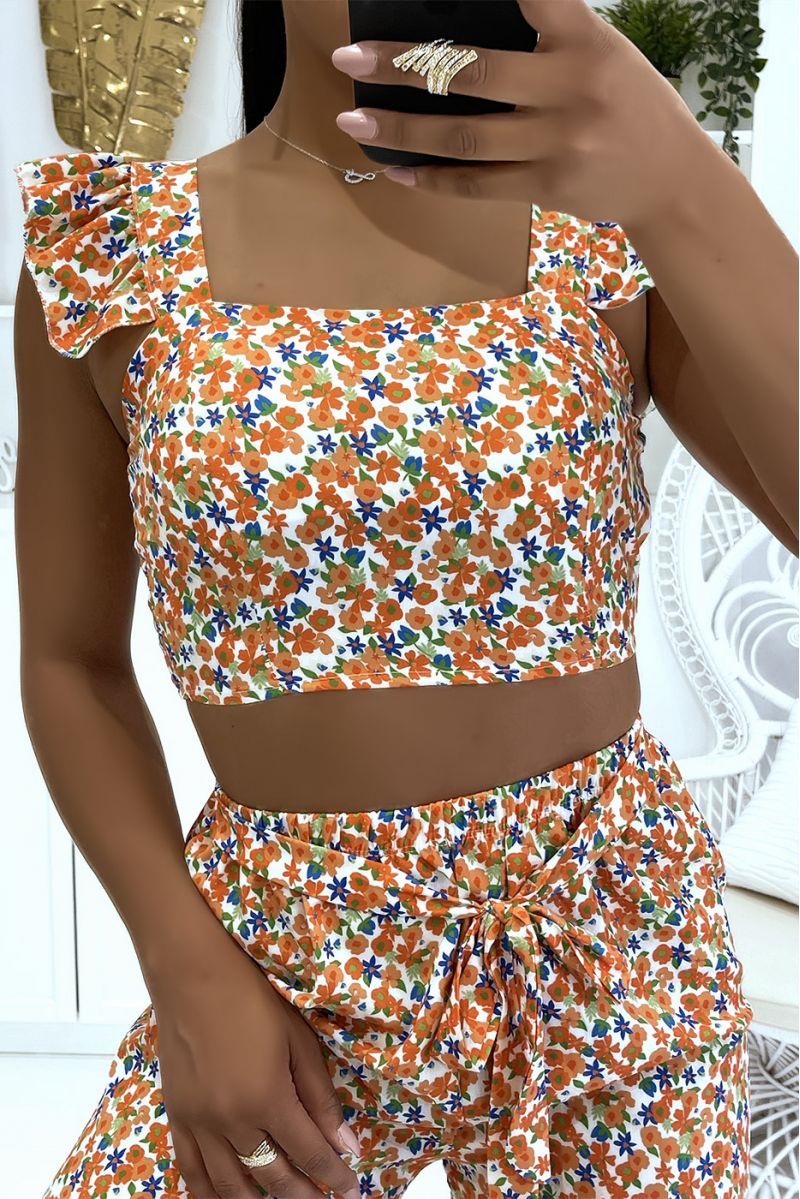 Oranje gebloemde bustier crop top en mooie broek met wijde pijpen - 6