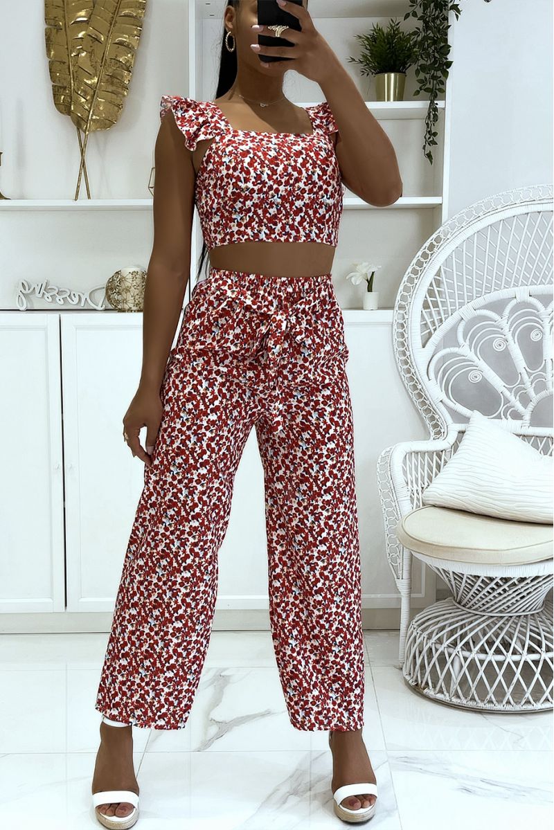 Red flowered bustier crop top and pretty bell bottom pants set - 2
