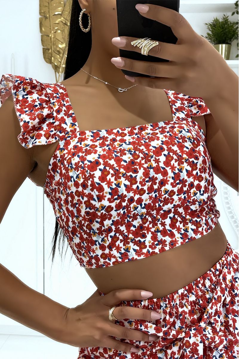 Ensemble rouge fleurie crop top bustier et jolie pantalon patte d'éléphant - 5 Ensemble rouge fleurie crop top bustier et jolie pantalon patte d'éléphant - 5