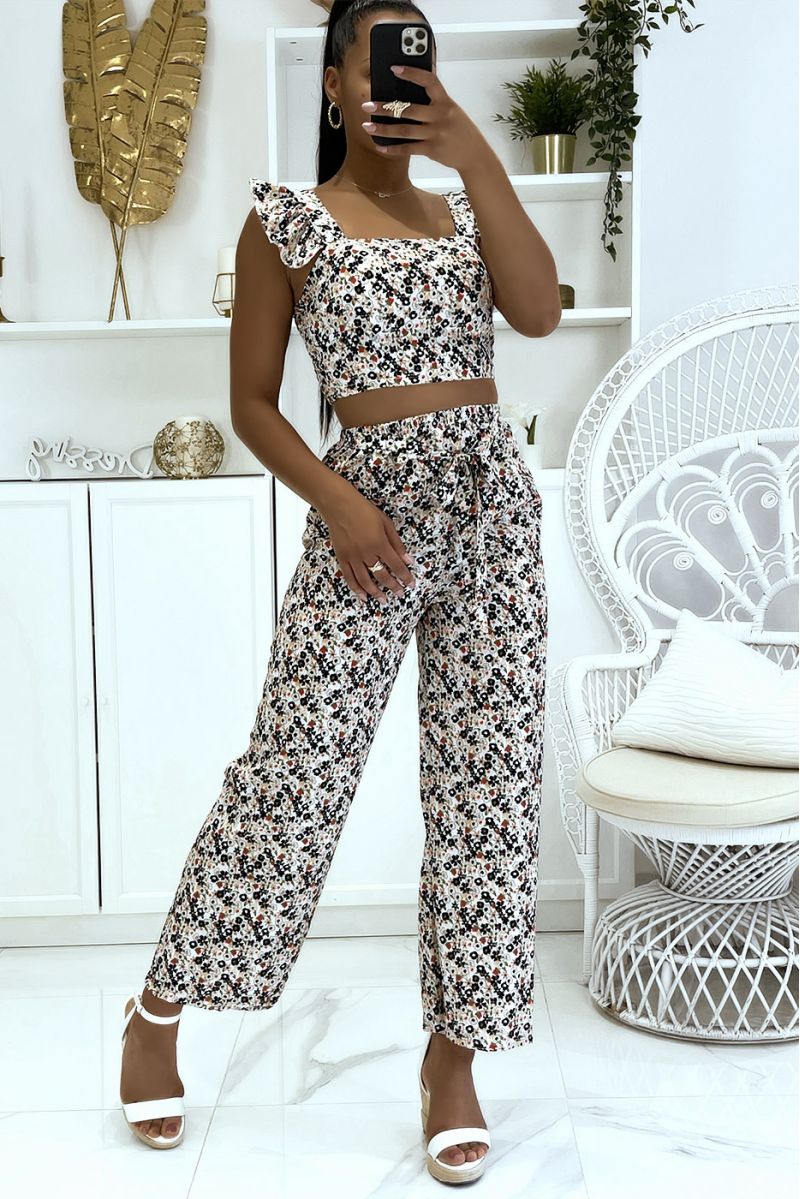 Black floral crop top bustier and pretty bell bottom pants set