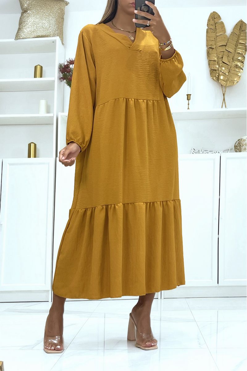 Long mustard dress oversize long sleeves solid color ideal for veiled or covered woman - 1
