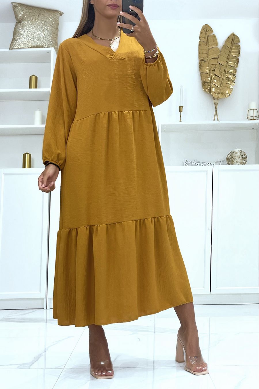 Long mustard dress oversize long sleeves solid color ideal for veiled or covered woman - 2