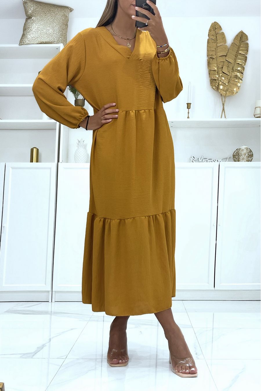 Long mustard dress oversize long sleeves solid color ideal for veiled or covered woman - 3