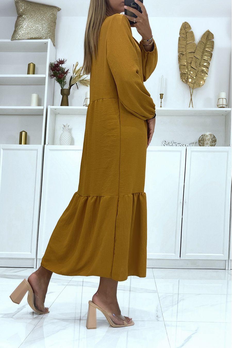 Lange mosterdjurk oversized lange mouwen effen kleur ideaal voor gesluierde of bedekte vrouwen - 4