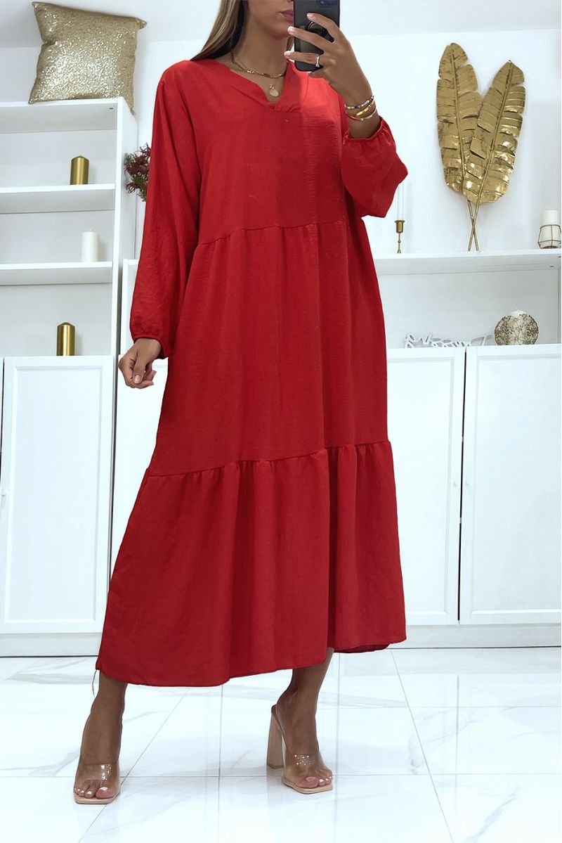 Robe rouge longue oversize manches longues couleur unie idéale pour femme voilée ou couverte - 1