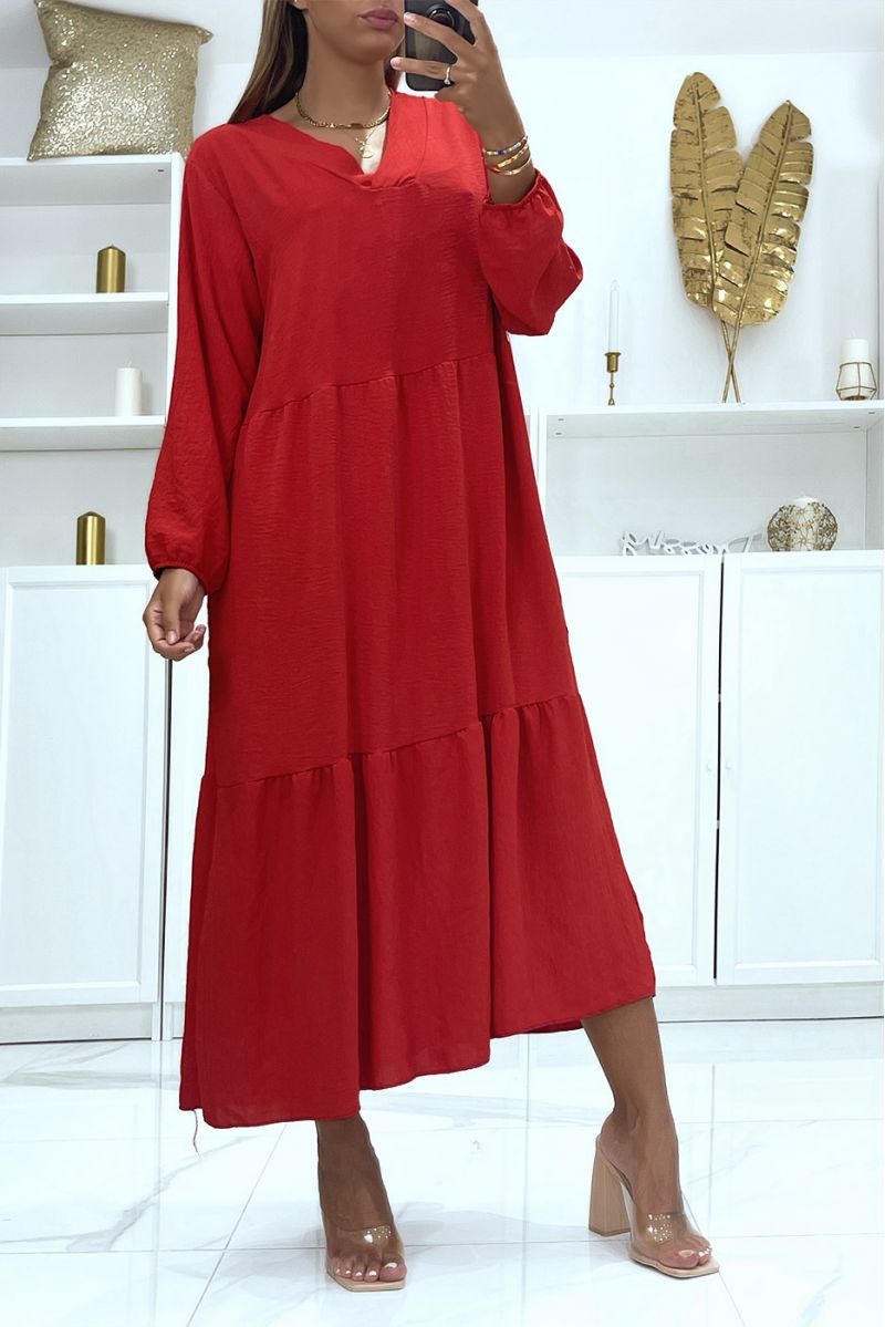 Robe rouge longue oversize manches longues couleur unie idéale pour femme voilée ou couverte - 2