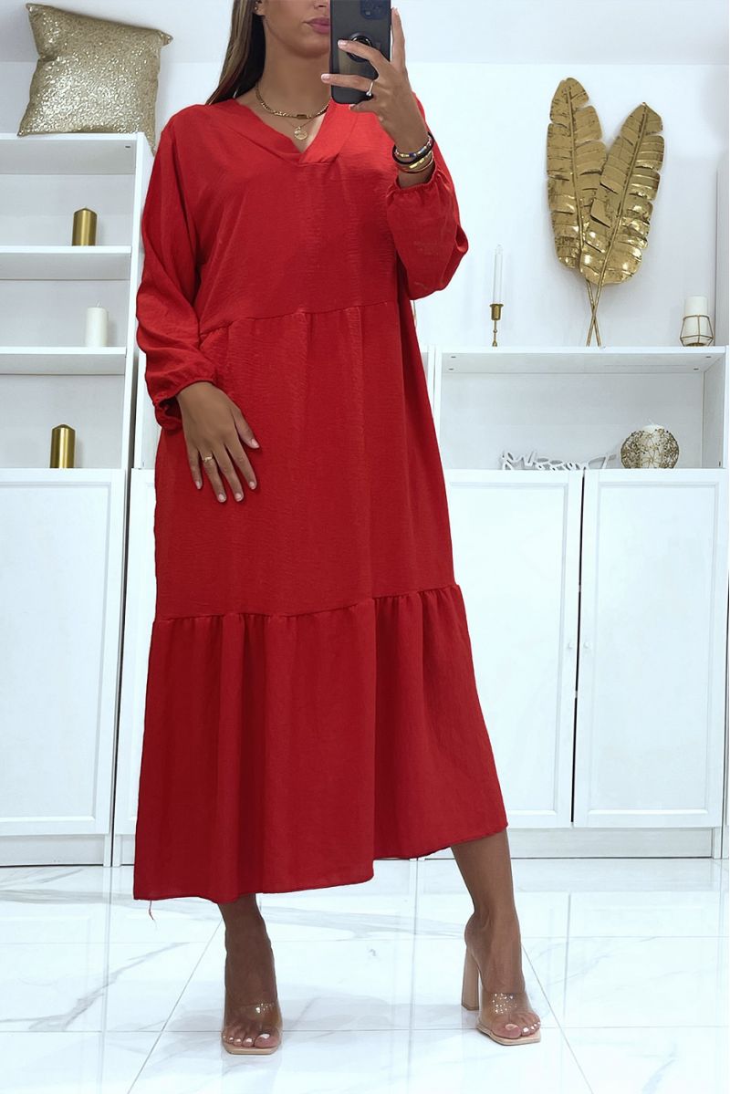 Robe rouge longue oversize manches longues couleur unie idéale pour femme voilée ou couverte - 3