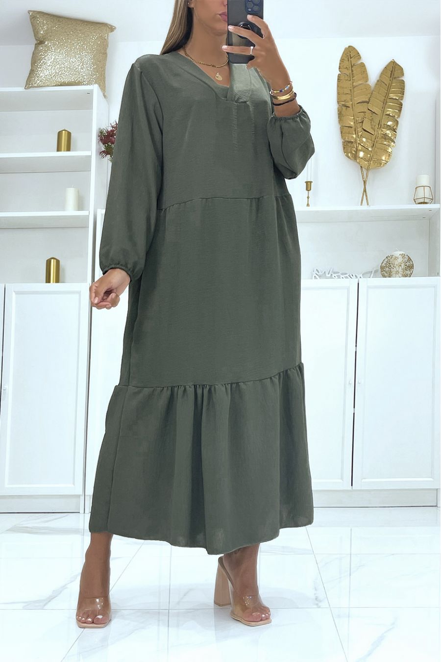 Long oversized khaki dress with long sleeves solid color ideal for veiled or covered woman - 1