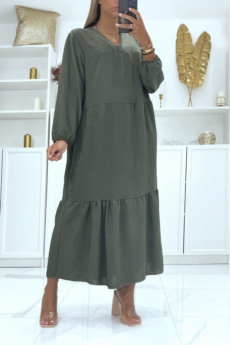 Lange oversized kaki jurk met lange mouwen effen kleur ideaal voor gesluierde of bedekte vrouw - 1