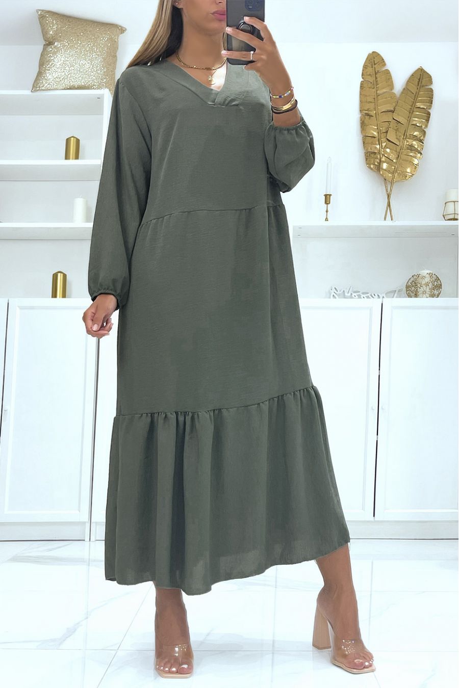 Long oversized khaki dress with long sleeves solid color ideal for veiled or covered woman - 2