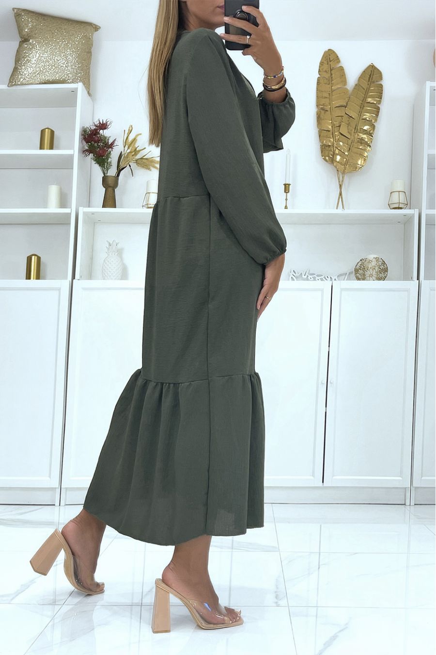 Lange oversized kaki jurk met lange mouwen effen kleur ideaal voor gesluierde of bedekte vrouw - 3