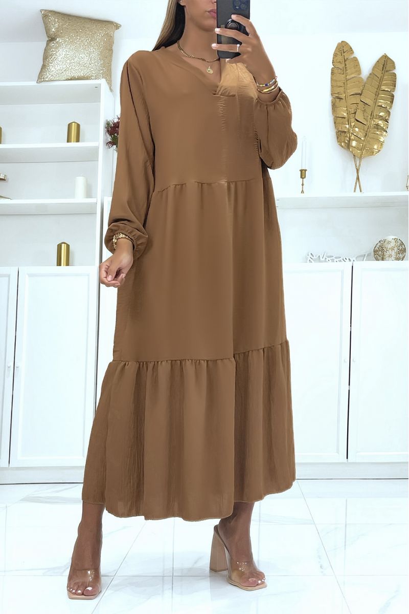 Lange oversized camel jurk met lange mouwen effen kleur ideaal voor gesluierde of bedekte vrouw - 1