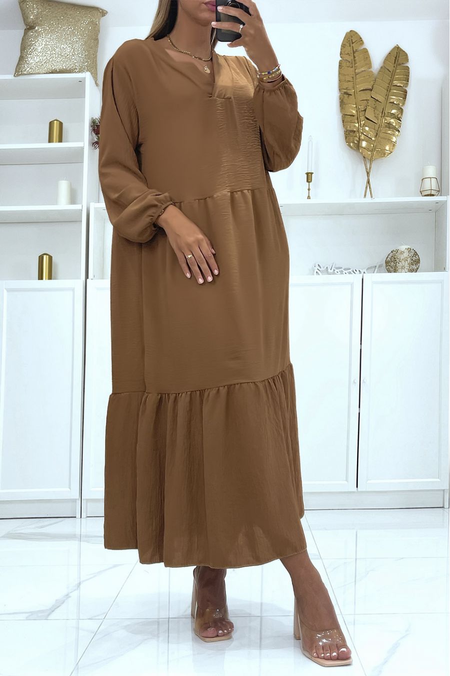 Lange oversized camel jurk met lange mouwen effen kleur ideaal voor gesluierde of bedekte vrouw - 2